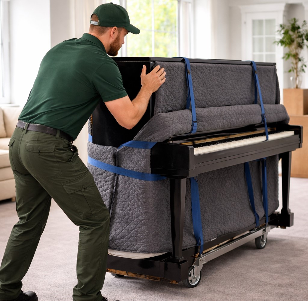 Specialist piano removalists lifting upright piano safely